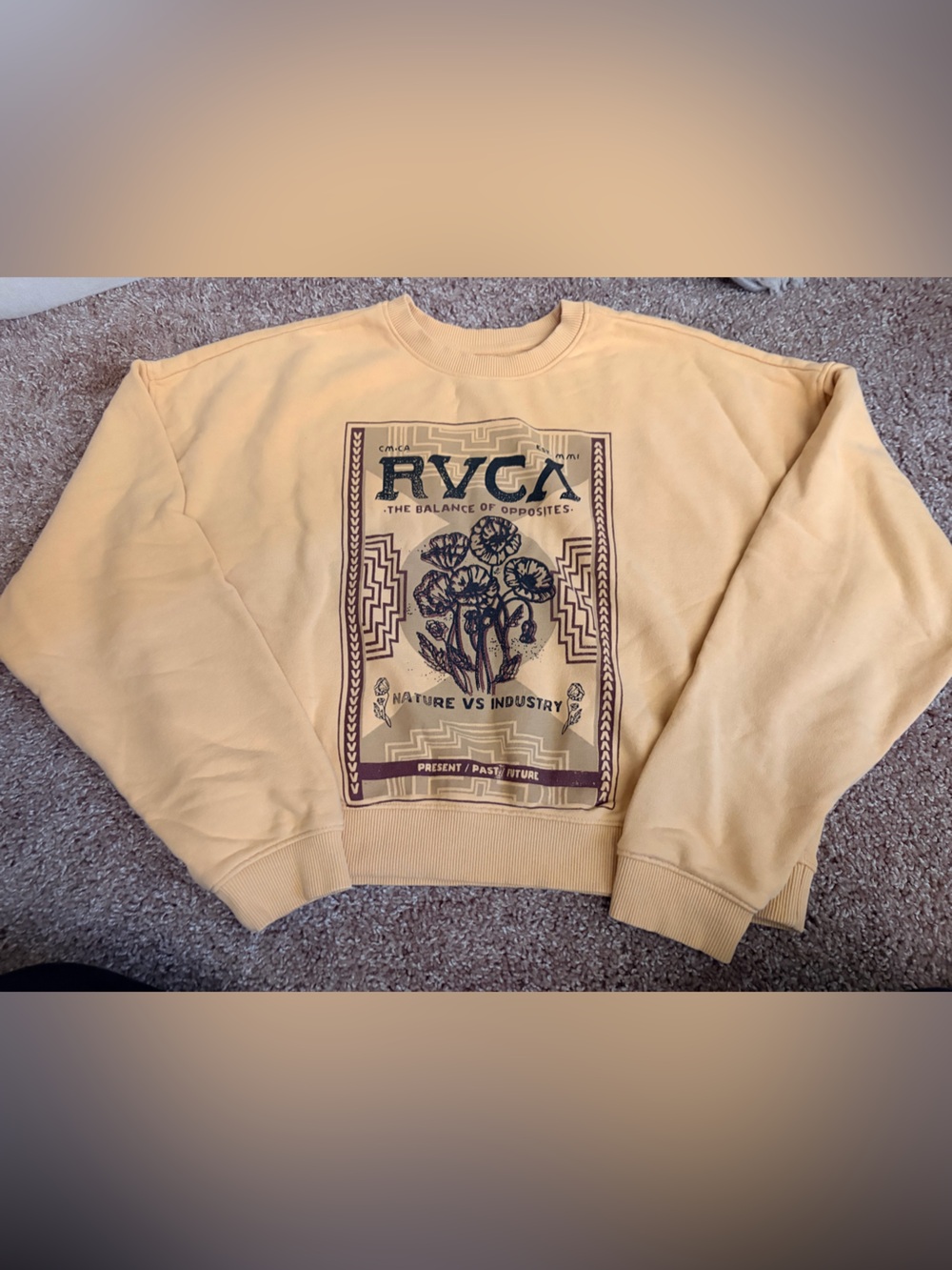 RVCA Yellow Graphic Crewneck Sweatshirt with Brown Print
